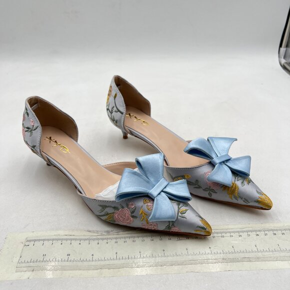 XYD Blue Flower Embroidery D'Orsay Kitten Heel Bridal Bowknot Pumps Elegant Shoe - Picture 4 of 8